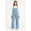 Kadın Chambray Açık Mavi Denim Görünümlü Geniş Paça Salopet Tulum - Mavi