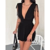 Kadın Derin V Yaka Etek Görünümlü Şortlu Elbise Drapeli Mini Yazlık - Siyah