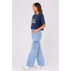 Kadın Kedi Baskılı Oversize Crop Tişört Salaş Basic Yarım Kol T-shirt - Lacivert
