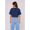 Kadın Kedi Baskılı Oversize Crop Tişört Salaş Basic Yarım Kol T-shirt - Lacivert