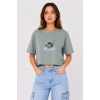 Kadın Kedi Baskılı Oversize Crop Tişört Salaş Basic Yarım Kol T-shirt - Mint Yeşili