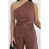 Kadın Keten Asimetrik Tek Omuzlu Bluz Pantalon Takım- Bordo