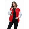 Kadın Kırmızı Varsity Çıtçıtlı Baskılı Oversize kalıp Kolej Ceket - Kırmızı