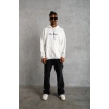 Erkek Oversize Üç İplik Şardonlu Kapüşonlu Sweatshirt – Beyaz “Other Lives” Ön ve Arka Baskılı, Kanguru Cepli, Ribanalı Rahat Kışlık Model Beyaz