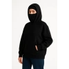 Kadın Samuray Ninja Çift Kapüşonlu Maske Detaylı Fermuarlı Kanguru Cepli Hoodie - Siyah