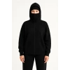 Kadın Samuray Ninja Çift Kapüşonlu Maske Detaylı Fermuarlı Kanguru Cepli Hoodie - Siyah