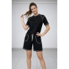 Kadın Spor Tişört Şort Takım Kontrast Dikiş Detaylı Ovarsize rahat kalıp - Siyah