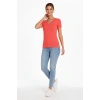 Kadın V Yaka Slim Fit Likralı Tişört - Nar Çiçeği