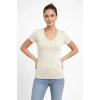Kadın V Yaka Slim Fit Likralı Tişört - Taş