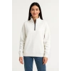 Kadın Üç İplik Dık Yaka Yarım Fermuarlı SweatShirt - Beyaz