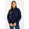 Kadın Üç İplik Dık Yaka Yarım Fermuarlı SweatShirt - Lacivert