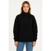 Kadın Üç İplik Dık Yaka Yarım Fermuarlı SweatShirt - Siyah