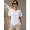 Kadın V Yaka Basic Tişört Kısa Kol Yazlık Regular Fit T-Shirt - Beyaz
