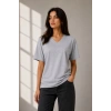 Kadın V Yaka Basic Tişört Kısa Kol Yazlık Regular Fit T-Shirt - Gri