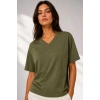 Kadın V Yaka Basic Tişört Kısa Kol Yazlık Regular Fit T-Shirt - Haki