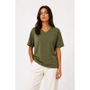 Kadın V Yaka Basic Tişört Kısa Kol Yazlık Regular Fit T-Shirt - Haki