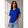 Kadın V Yaka Basic Tişört Kısa Kol Yazlık Regular Fit T-Shirt - Saks Mavisi