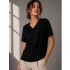 Kadın V Yaka Basic Tişört Kısa Kol Yazlık Regular Fit T-Shirt - Siyah