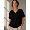 Kadın V Yaka Basic Tişört Kısa Kol Yazlık Regular Fit T-Shirt - Siyah