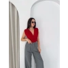 Kadın Vatkalı Kolsuz V Yaka Drapeli Crop Bluz Likralı Fit - Kırmızı