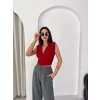 Kadın Vatkalı Kolsuz V Yaka Drapeli Crop Bluz Likralı Fit - Kırmızı