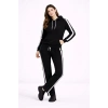 KADIN Yandan Şeritli Eşofman Takım Kapüşonlu Sweatshirt Boru Paça Alt, Oversize 3 iplik Pamuklu - Siyah