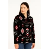 Kadın Yarım Fermuarlı Desenli Polar Sweat Tribal Etnik Desen Yakalı, Uzun Kollu, Oversize Rahat Kalıp - Siyah