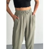 Kadın Yüksel Bel Beli Bağcıklı Cepli Rahat Paça Pantalon - Su Yeşili