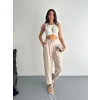 Kadın Yüksel Bel Beli Bağcıklı Rahat Boru Paça Pantalon - Kırık Beyaz