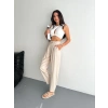 Kadın Yüksel Bel Beli Bağcıklı Rahat Boru Paça Pantalon - Kırık Beyaz