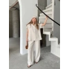 Keten Kısa Kollu Cepli Gömlek Pantolon ikili Takım - Beyaz