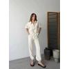 Keten Tam Fermuarlı Kısa kollu Gömlek Pantolon ikili Takım - Beyaz