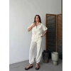 Keten Tam Fermuarlı Kısa kollu Gömlek Pantolon ikili Takım - Beyaz