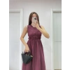 Kolsuz Göğüs Lastıklı %100 Poplin Uzun Elbise - Bordo