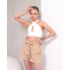 Kuşaklı keten şort bej s255265