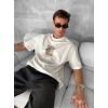 Ön ve Arka Baskılı Oversize Bisiklet Yaka T-shirt - Beyaz