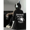 Örümcek Ağı Desenli Baskılı Oversize Bisiklet Yaka T-shirt - Siyah