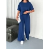 Osy Modal Yumuşak Dokulu Kumaş Bisiklet Yaka T-shirt Bol paça Pantalon ikili Takım -Saks Mavi