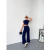 Osy Modal Yumuşak Dokulu Kumaş Kısa Kollu Crop Alt ispanyol Paça Pantalon ikili Takım - Lacivert