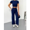 Osy Modal Yumuşak Dokulu Kumaş Kısa Kollu Crop Alt ispanyol Paça Pantalon ikili Takım - Lacivert