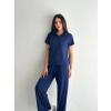 Osy Modal Yumuşak Dokulu Kumaş Kısa Kollu Yakalı T-shirt Pantalon ikili Takım- Lacivert