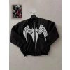 Unisex Siyah Bomber Mont – Venom Beyaz Örümcek Logolu, Fermuarlı Cepli, Kapitone Astarlı Günlük Mont - Siyah