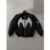 Unisex Siyah Bomber Mont – Venom Beyaz Örümcek Logolu, Fermuarlı Cepli, Kapitone Astarlı Günlük Mont - Siyah