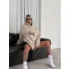 Kadın 3 İplik Pamuklu Kapüşonlu Kanguru Cepli Baskılı Oversize Hoodie Sweatshirt - Bej