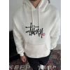 Üç İplik Kapşonlu Baskılı SweatShirt - Beyaz
