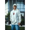 Üç İplik Kapüşonlu Baskılı Oversize SweatShirt- Beyaz