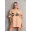 Unisex Bisiklet Yaka Baskılı Oversize T-Shirt - Bej