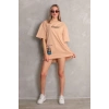 Unisex Bisiklet Yaka Baskılı Oversize T-Shirt - Bej