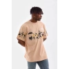 Unisex Bisiklet Yaka Baskılı Oversize T-Shirt - Bej