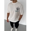Unisex Bisiklet Yaka Baskılı Oversize T-Shirt - Beyaz